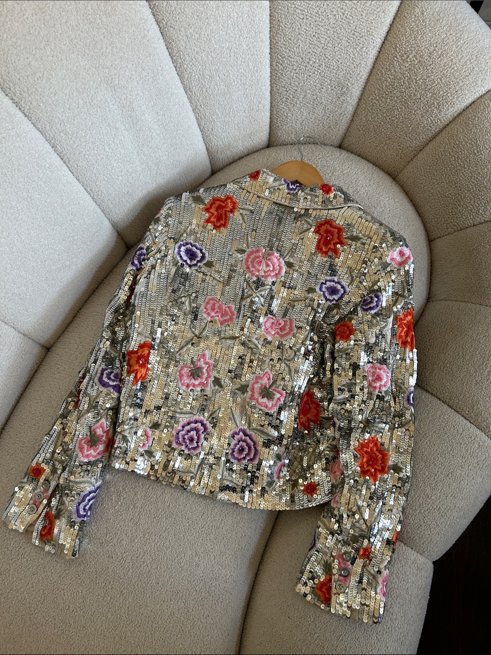 Alice + Olivia Silver Sequin Blazer with Pink, Purple & Orange Floral Embroidery - Picture 5 of 5